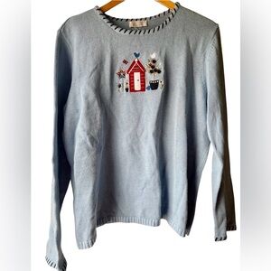 CJ banks Sweater Winter Birds Hand Embroidered XL Blue Raime Cotton